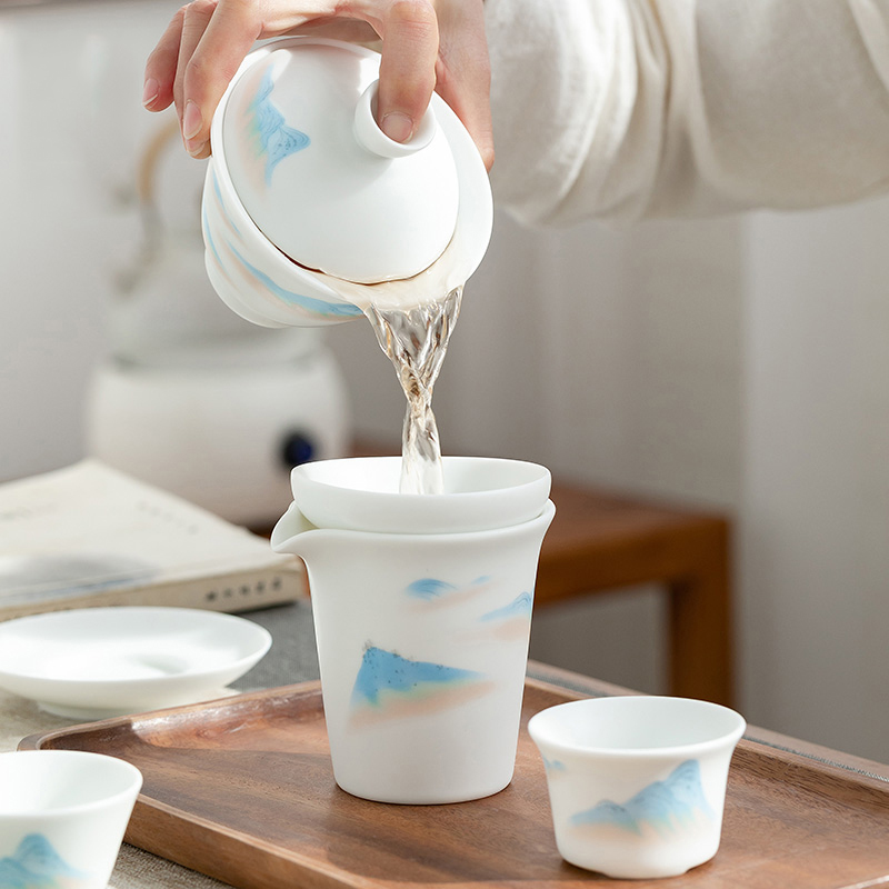 New white porcelain ceramic thin body kung fu tea set home white simple cover bowl small set modern gift making tea cup