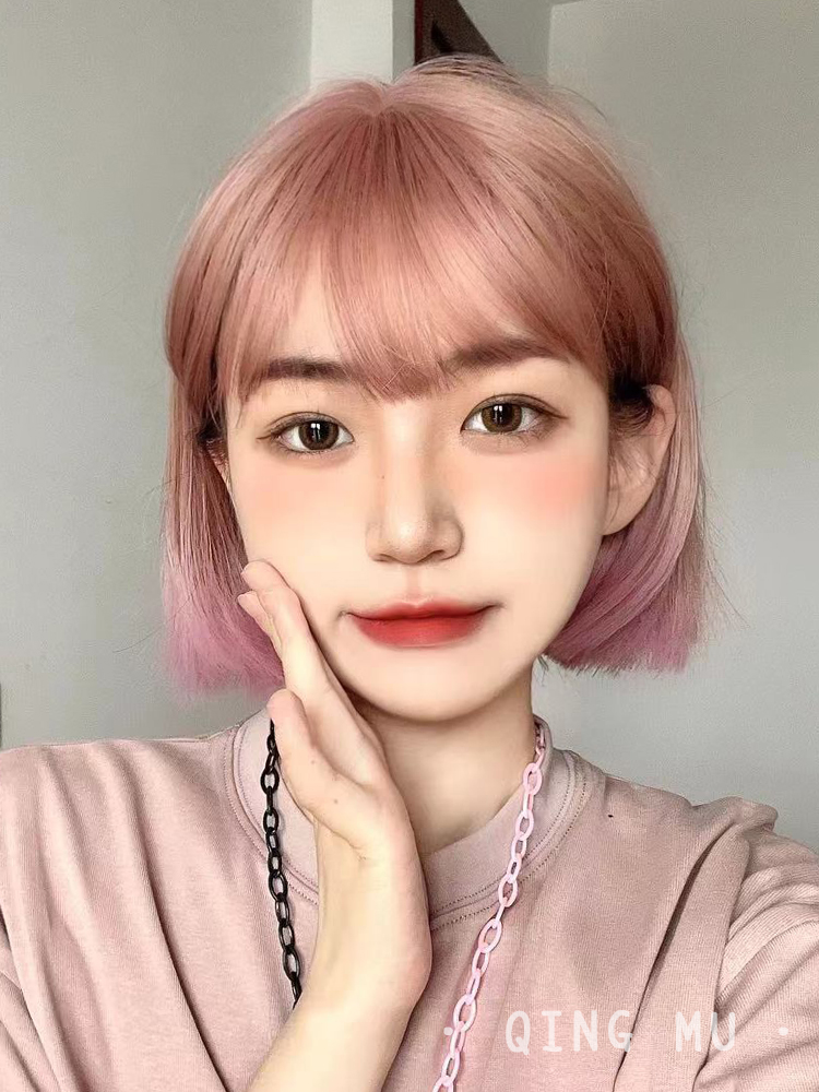 Admiration pink wig Short hair female full headgear Summer handsome Japanese age-reducing bobo head gradient whole wig