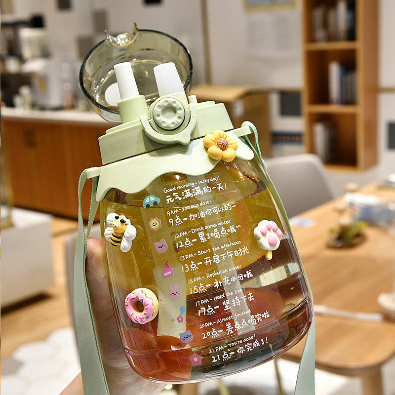 Net Red Burst Large Belly Cup Large Capacity High Temperature Resistant Double Drinking Straw Cup 1500ml with drinking water target Swim Portable