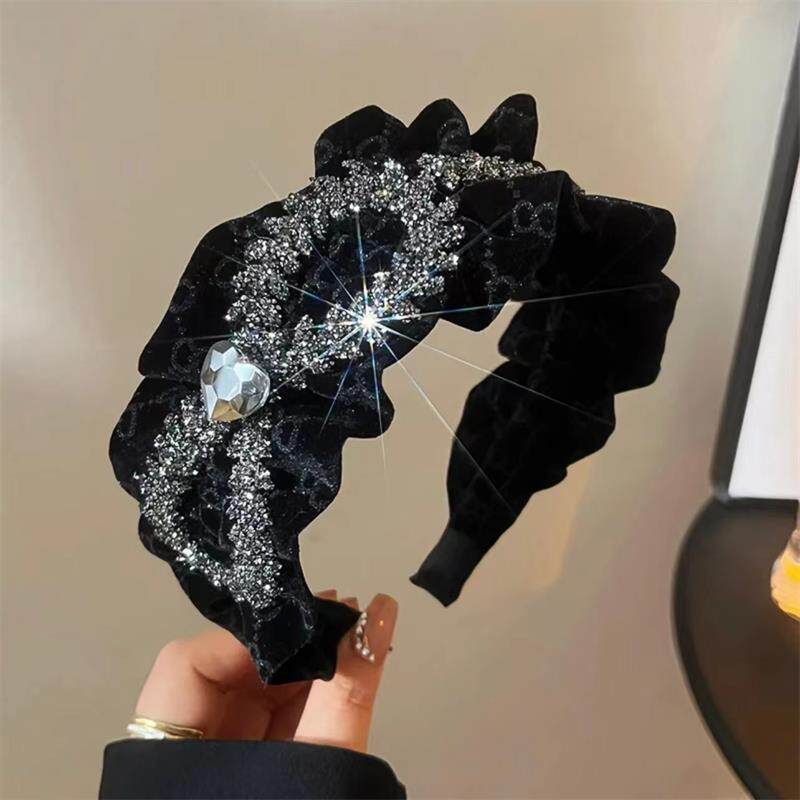 Retro Heart Sparkling Bow Velvet Pleated Headband Wide Brim High Crown Headband Versatile Headband A470