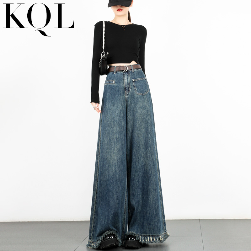 European Retro Wide-Leg Jeans for Women, New Spring and Autumn High-Waisted Slimming Loose Fringed Raw Hem Elephant-Leg Flared Pants European Retro Wide-Leg Jeans for Women, New Spring and Autumn High-Waisted Slimming Loose Fringed Raw Hem Elephant-Leg Flared Pants