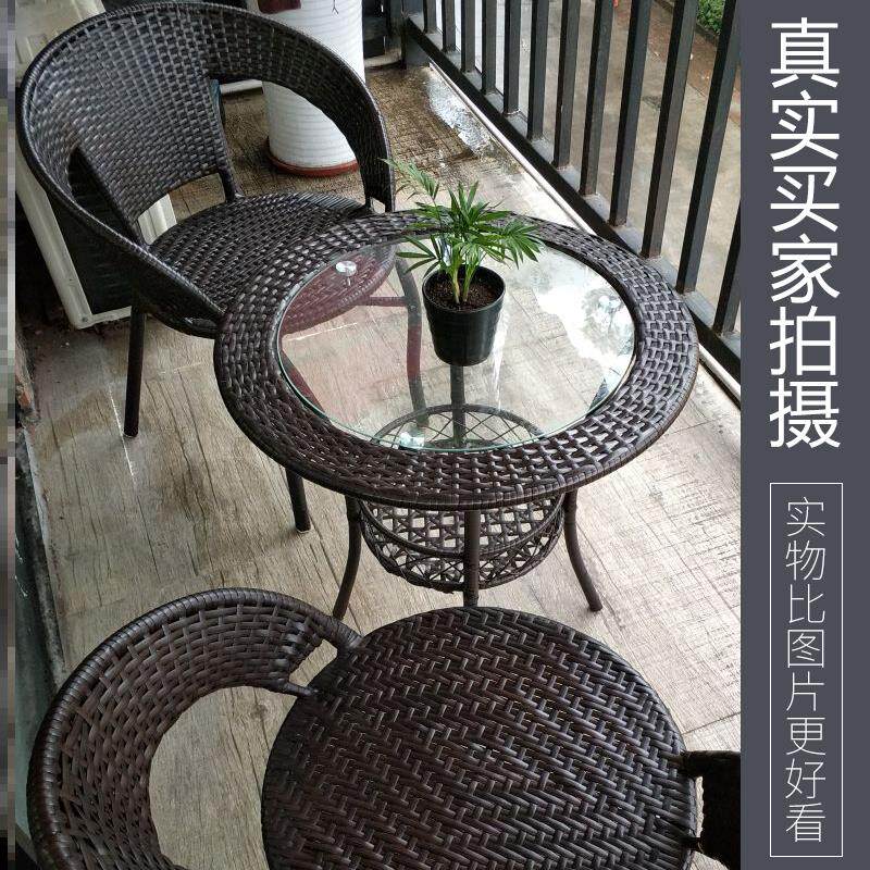 Rattan weave tempered glass small round table balcony coffee table table simple modern round leisure tea table and chair combination