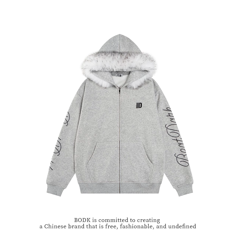 Bodk Original American-Style High-End Fur Collar Hooded Cardigan Sweatshirt for Men and Women, Loose and Versatile Couple's Jacket for Autumn and Winter
