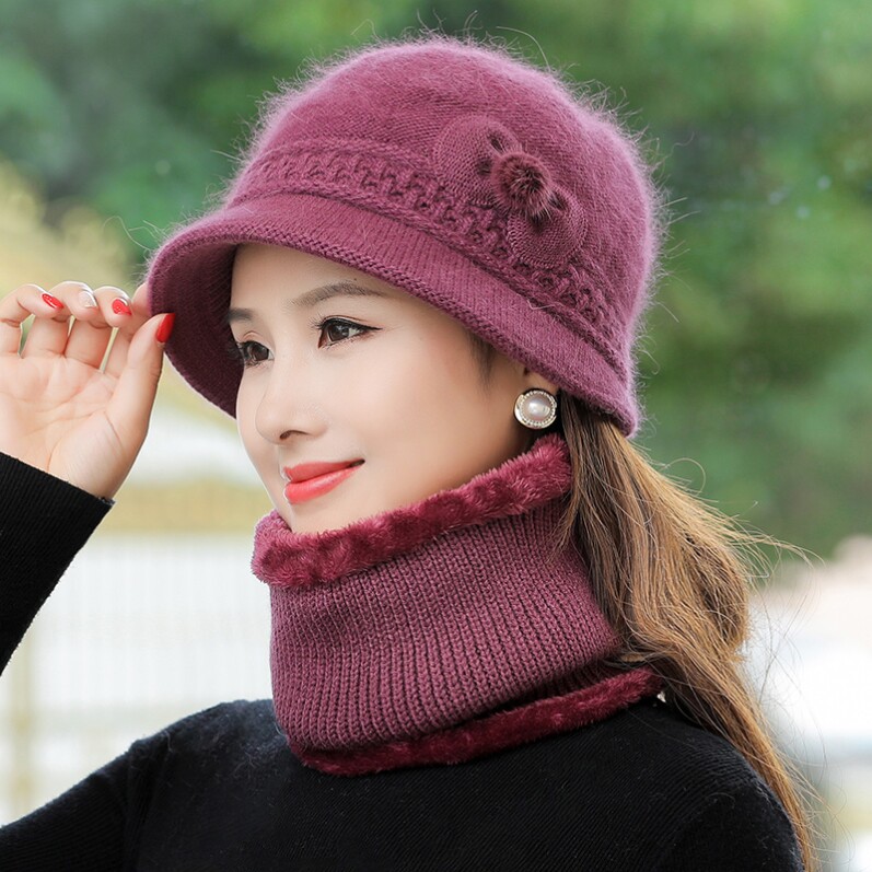 Mother Winter Wear in hat Elderly Lady Girly Scarf with warm and cold-proof hair line hat Mom hat