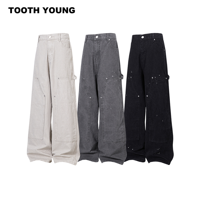 Zheng Yiai Wears Plus-Size Men's Clothing [Workwear Logging Cool] Pure Cotton Straight-Leg Rivet Work Pants Washed Wide-Leg Pants