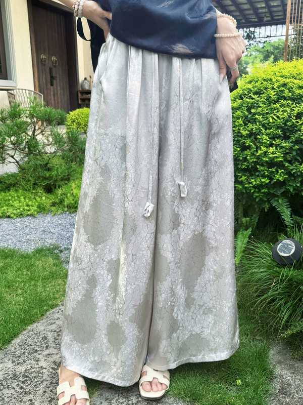 【Gray Ice Cracked Pattern Skirt Pants】Summer Casual Pants 100% Mulberry Silk Jacquard Satin