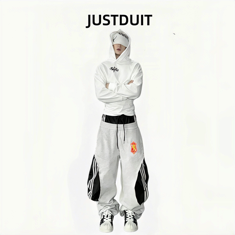 Justduit Golden Lion Emblem Fake Two-Piece Sweatpants for Men, American Style Three-Stripe Double Waistband Wide-Leg Baggy Casual Pants