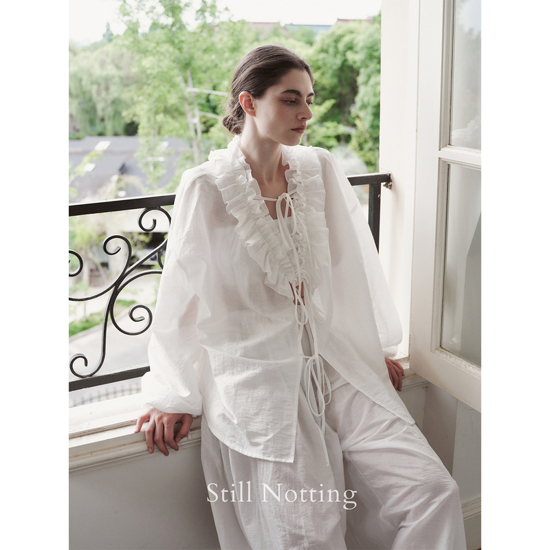 Still Notting |   Lyocell Linen Blend Lace Ruched Tie-Up Blouse, Lazy Style Shirt Top