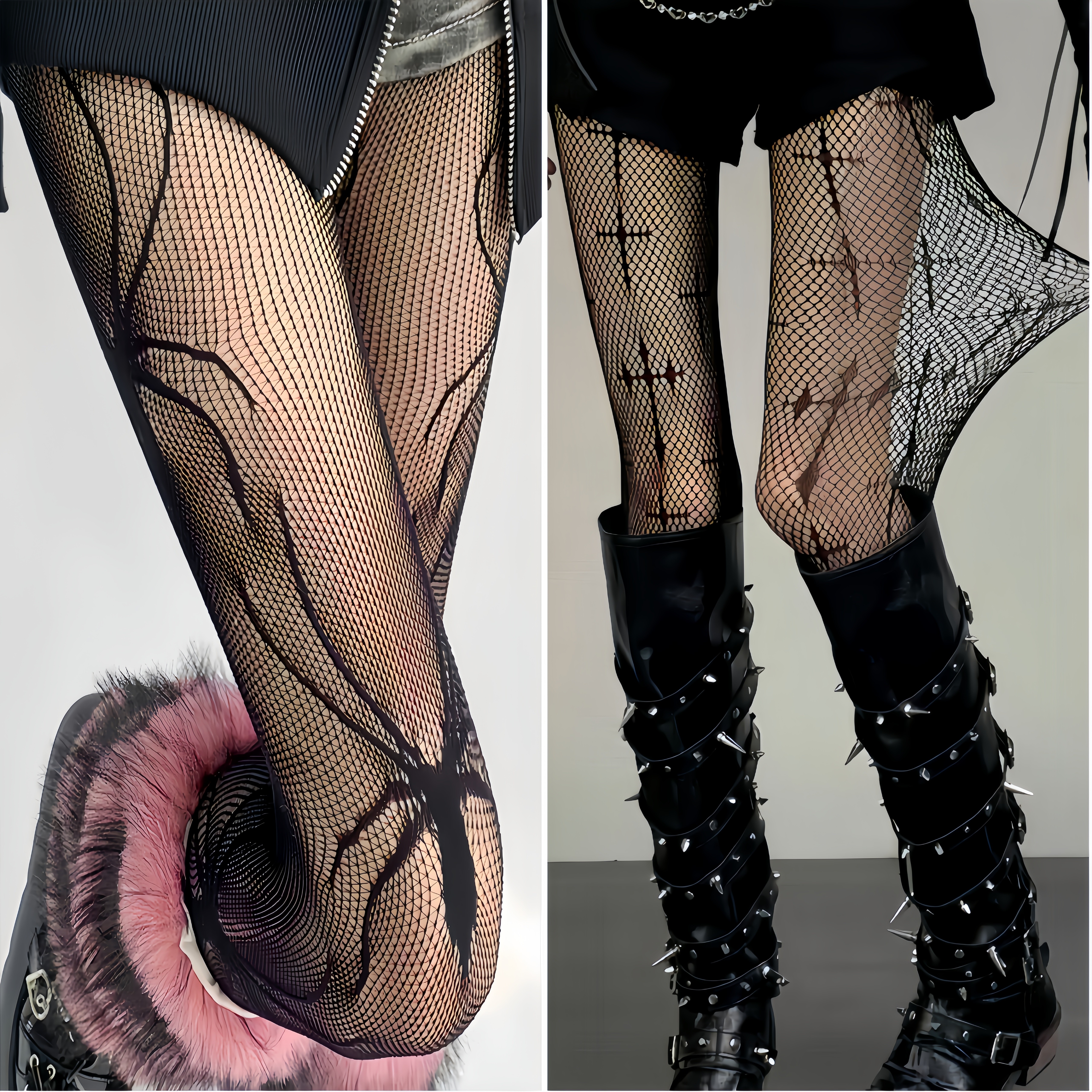 Halloween grey spider stockings, dark gothic punk style black fishnet stockings, cross witch pantyhose