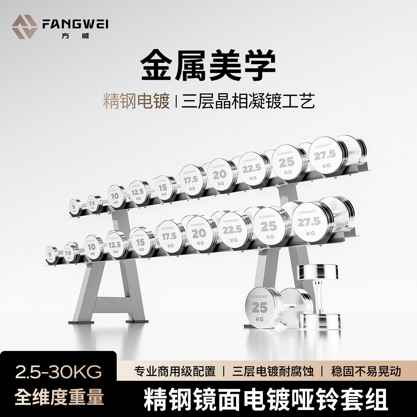 方威纯钢电镀哑铃套装男女士健身家用商用器材健身房哑铃组合20kg