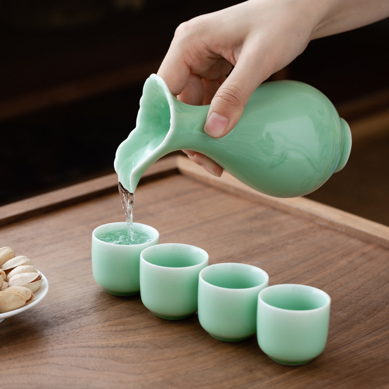 Wine Jug Small Wine Flushed Green Porcelain Wine Gift Box Suit Chinese Divider Hotel Small White Wine Glass Pure Color Spirits Glass-Taobao