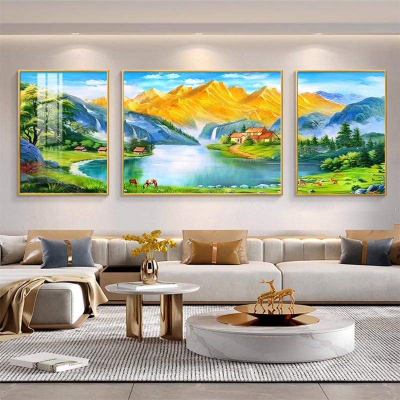Landscape Living Room Decorative Painting, Flowing Water Brings Wealth, Triptych, Treasure Bowl, New Modern Minimalist Sofa Background Wall Painting