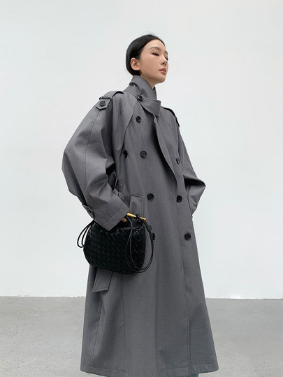 周淼ZHOUMIAO巴黎旧梦经典廓形大翻领双排扣中长款气质风衣外套女