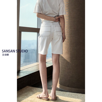 Line white jeans shorts female high waist loose summer thin pants straight tube slim five - mark
