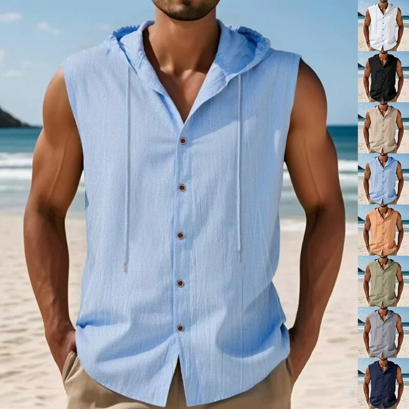 2026 Summer Cross-Border American Style Linen Shirt for Men, Casual Thin Hooded Sleeveless Vest Shirt for Men 2026 Summer Cross-Border American Style Linen Shirt for Men, Casual Thin Hooded Sleeveless Vest Shirt for Men