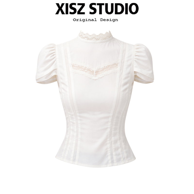 Vintage Lace Puff Sleeve Stand Collar Top for Women, Summer New Versatile Waist-Cinching Slimming Elegant Blouse Vintage Lace Puff Sleeve Stand Collar Top for Women, Summer New Versatile Waist-Cinching Slimming Elegant Blouse