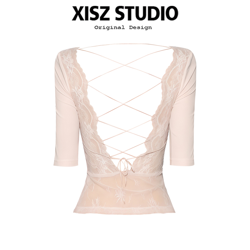 Purely Sensual Lace Backless Cross-Tie Design T-Shirt, Summer Niche Sexy Slimming Back-Revealing Mid-Sleeve Top Purely Sensual Lace Backless Cross-Tie Design T-Shirt, Summer Niche Sexy Slimming Back-Revealing Mid-Sleeve Top