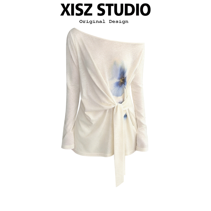 Korean Style Lazy Ink Wash Gradient Off-Shoulder Long-Sleeve T-Shirt for Women, Early Autumn Loose Fit, Waist-Tie, Thin Sun-Protective Top Korean Style Lazy Ink Wash Gradient Off-Shoulder Long-Sleeve T-Shirt for Women, Early Autumn Loose Fit, Waist-Tie, Thin Sun-Protective Top