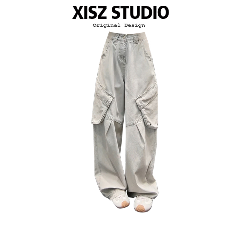 American-Style Spicy Girl Loose-Fitting Large Pocket Denim Cargo Floor-Length Pants for Women, Summer Straight-Leg Casual Versatile Wide-Leg Trousers
