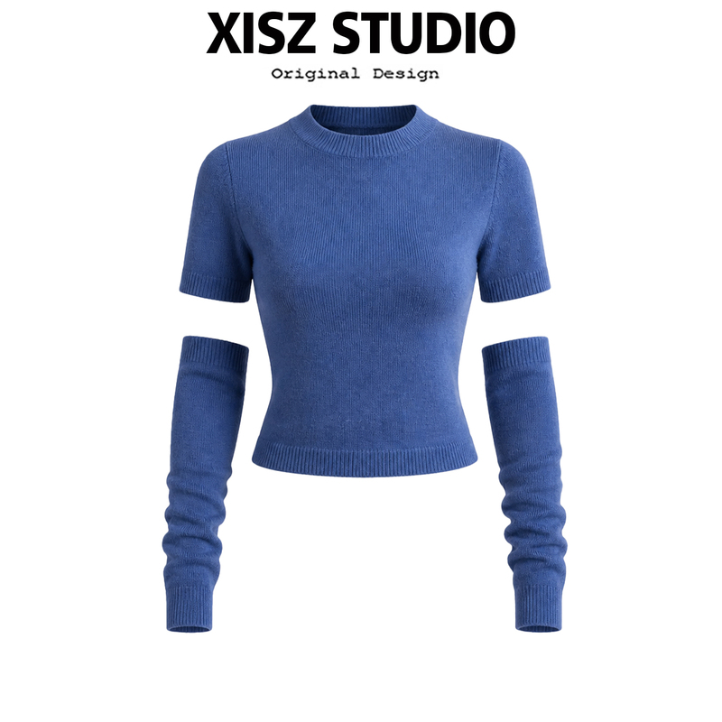 Blue Round-Neck Knit Sweater with Detachable Sleeves for Women, Autumn Style, Loose Short Trendy Top That Looks Youthful Blue Round-Neck Knit Sweater with Detachable Sleeves for Women, Autumn Style, Loose Short Trendy Top That Looks Youthful