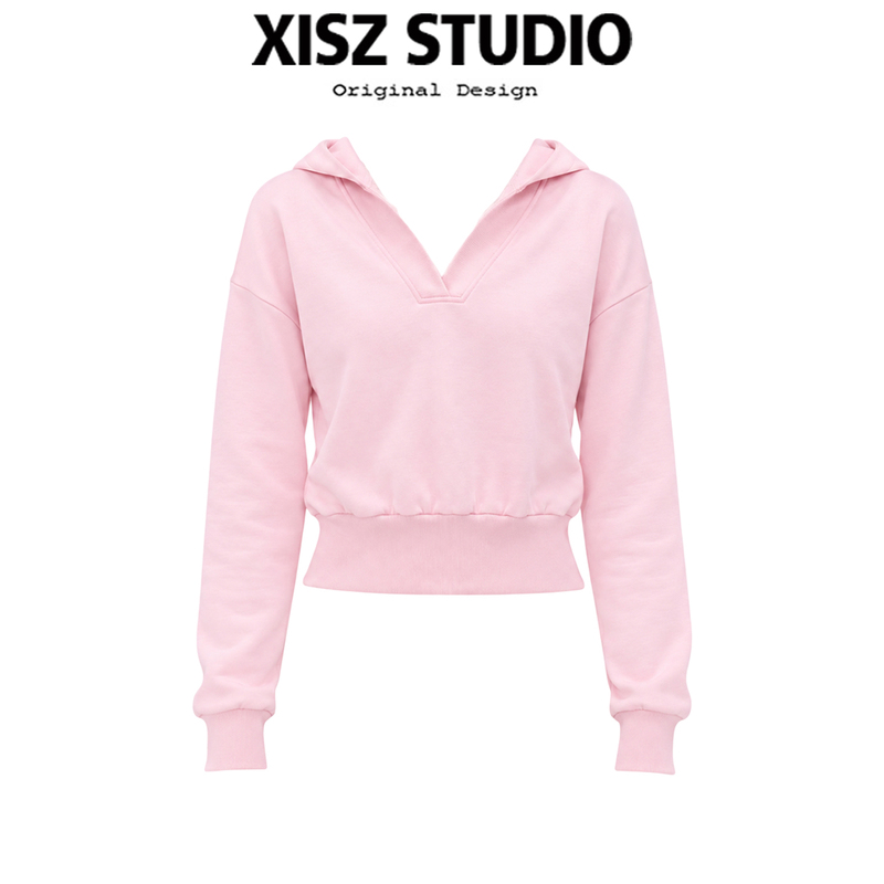 Sweet Girly Style Pink V-Neck Hooded Long-Sleeved Sweatshirt for Women, New Autumn Style Slimming and Versatile Waist-Cinching Age-Reducing Top