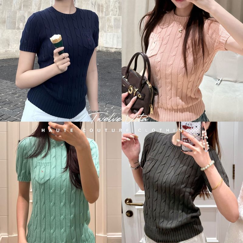 Twelve Vita 26Ss Classic Animal Embroidered Round Neck Thick Cable Knit Pocket Short-Sleeve Top for Women