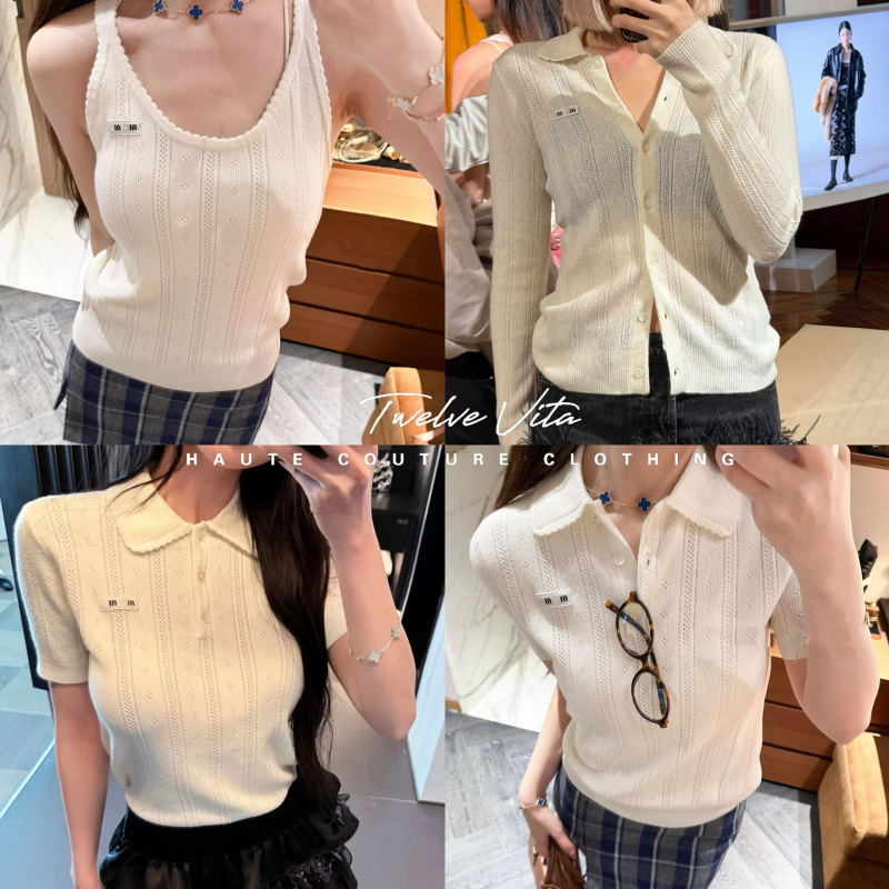 Twelve Vita Sweet Girl Style 26Ss Spring Polo Lace Collar Letter Embroidery Hollow Knit Cardigan Top Twelve Vita Sweet Girl Style 26Ss Spring Polo Lace Collar Letter Embroidery Hollow Knit Cardigan Top