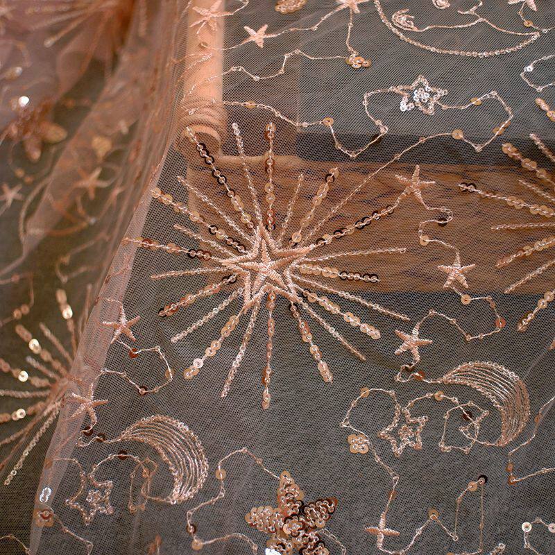1meter Stars and moon sequined yarn cloth dress see-through sequined dress fashion designer mesh embroidery fabric