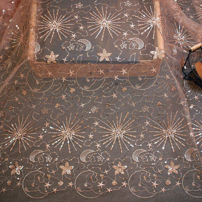 1meter Stars and moon sequined yarn cloth dress see-through sequined dress fashion designer mesh embroidery fabric