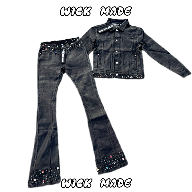 Wickmade|American Street Style Rivet-Embellished Waxed Flared Jeans and Denim Jacket Set Wickmade|American Street Style Rivet-Embellished Waxed Flared Jeans and Denim Jacket Set