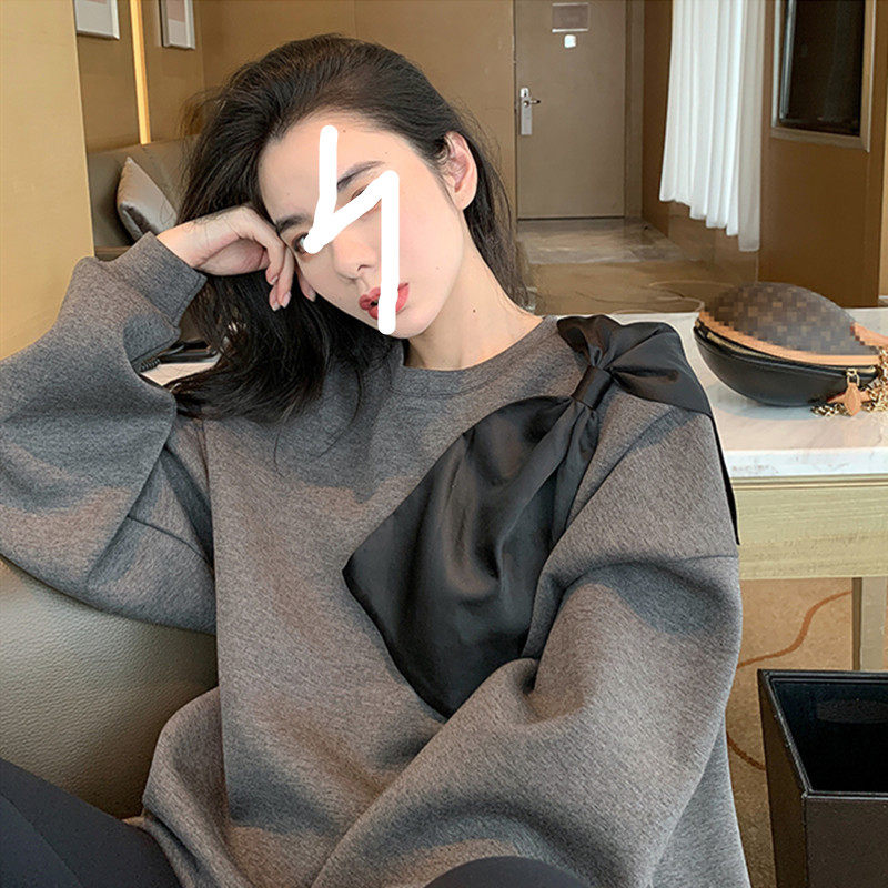 Grey thick cotton T women 202020the new winter Korean version of loose bf lazy wind bow fashion foreign style top tide