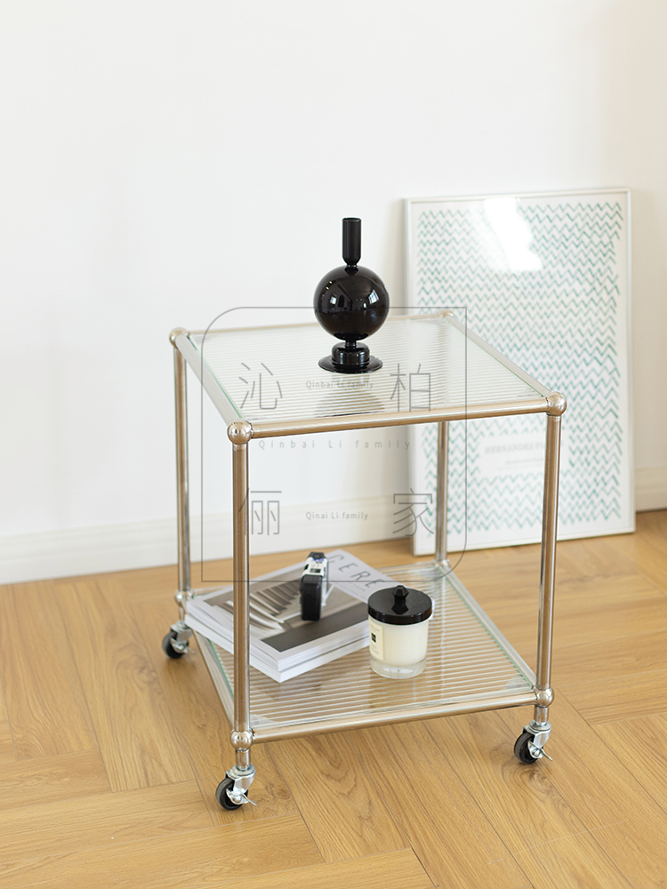 New villa European-style multi-layer coffee table Nordic bedside table corner table simple transparent glass small apartment cart with wheels to move