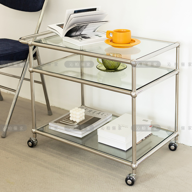 Nordic stainless steel transparent glass trolley photo decoration corner several dining carts movable outdoor dessert trolley