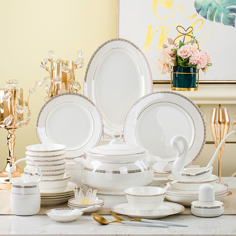 Bone ceramic dish set household European-style minimal tableware set Jingdezhen light luxury tableware set Ceramic dish chopsticks