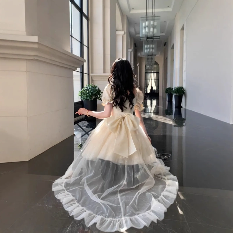 New Half-Length Dress with Love Message, Large Bow Princess Dress, Jacquard Puffy Dress with Fine Glitter and Trailing Skirt, Birthday Dress New Half-Length Dress with Love Message, Large Bow Princess Dress, Jacquard Puffy Dress with Fine Glitter and Trailing Skirt, Birthday Dress