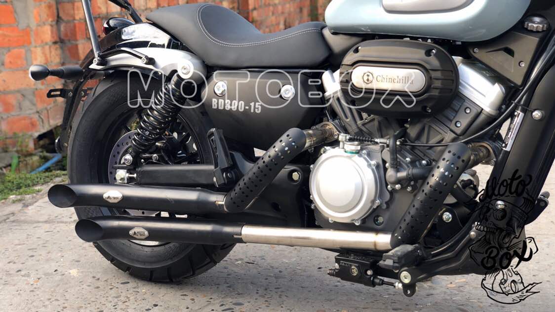 The Chinchilla 300 modified Harley exhaust two out two Benta BD300 stainless steel exhaust inline tail section non-destructive installation