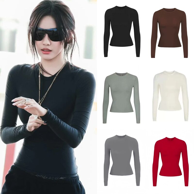Skims Kardashian-Style Slim-Fit Long-Sleeve T-Shirt, Base Layer, Waist-Cinching, Round Neck, Slimming, Solid Color Top Skims Kardashian-Style Slim-Fit Long-Sleeve T-Shirt, Base Layer, Waist-Cinching, Round Neck, Slimming, Solid Color Top
