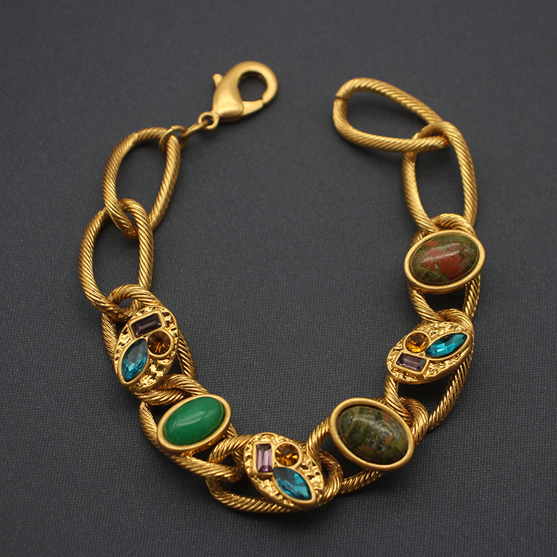 Second-Hand Vintage Jewelry, Gold-Plated Colorful Gemstone Bracelets, Factory Direct Supply, Niche Vintage Style