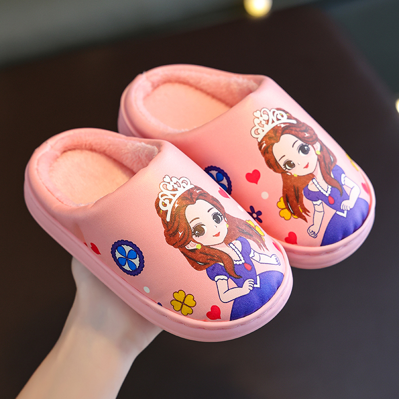 PU WATERPROOF LEATHER FACE CHILDREN COTTON SLIPPERS 2022 AUTUMN WINTER NEW PRINCESS GIRL BABY PLUSH WARM COTTON SLIPPERS 