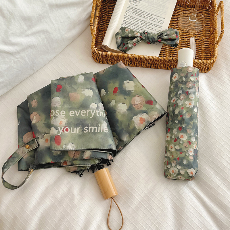 Oil Painting Floral High-Value Automatic Umbrella for Women, Dual-Use for Sun and Rain, Black Coating for Sun Protection and Uv Protection, Foldable Sun Umbrella Oil Painting Floral High-Value Automatic Umbrella for Women, Dual-Use for Sun and Rain, Black Coating for Sun Protection and Uv Protection, Foldable Sun Umbrella