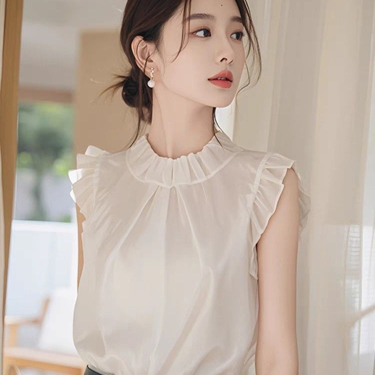 White Sleeveless Shirt for Women 2025 New Summer Elegant Chiffon Shirt Unique Chic High-End Small Flying Sleeve Top White Sleeveless Shirt for Women 2025 New Summer Elegant Chiffon Shirt Unique Chic High-End Small Flying Sleeve Top