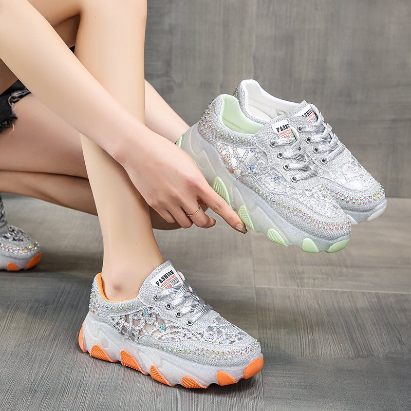 Women's Dad Shoes 2025 Summer Breathable Trendy Hot-Selling Rhinestone Lace Jelly Casual Shoes Hollow Ice Silk Shoes