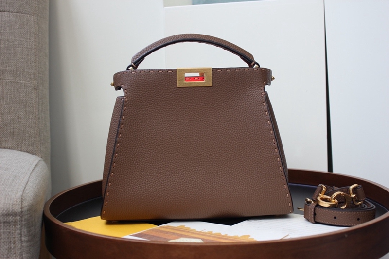 Litchi Pattern & Coffee Color & 27Cm2021 Spring and summer new pattern Kitten bag female peekaboo medium , please handbag cowhide Rotary buckle Messenger One shoulder handbag