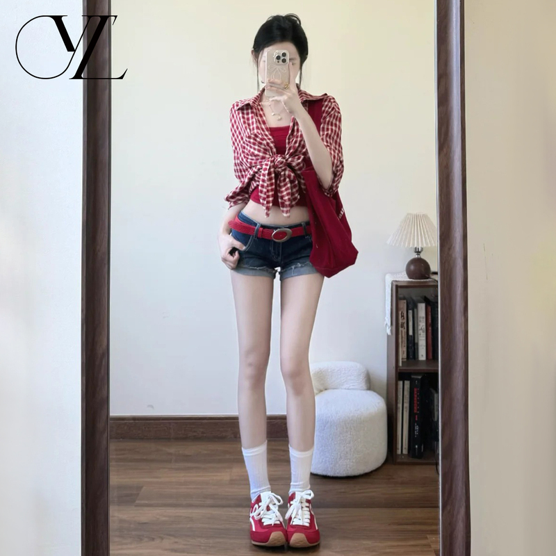 American-Style Spicy Girl Denim Shorts for Women, 2026 Summer New Low-Waist Slim-Fit Rolled Hem Stretchy A-Line Hot Pants