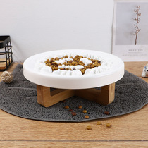 Ceramic anti-choking slow-feeding bowl for cats and dogs solid wood heightened neck protection anti-slip anti-tipping slow-feeding plate for small dogs