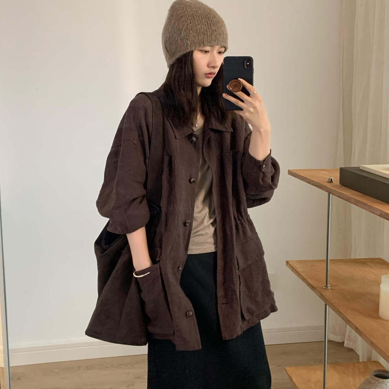 Siiri Space Old Money Style Workwear Linen Shirt Trench Coat for Women, Spring and Autumn Loose and Lazy Sun Protection Top