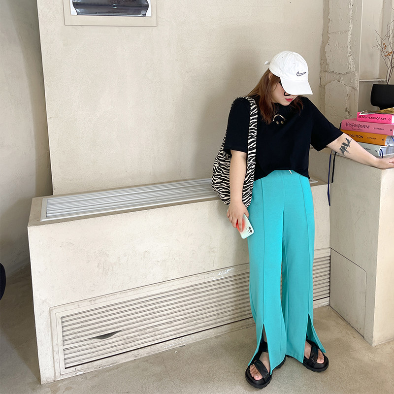 Don't Eat Kaka Open the Green Channel Elastic High Waist Green Slender Casual Straight Slit Wide Leg Pants Women