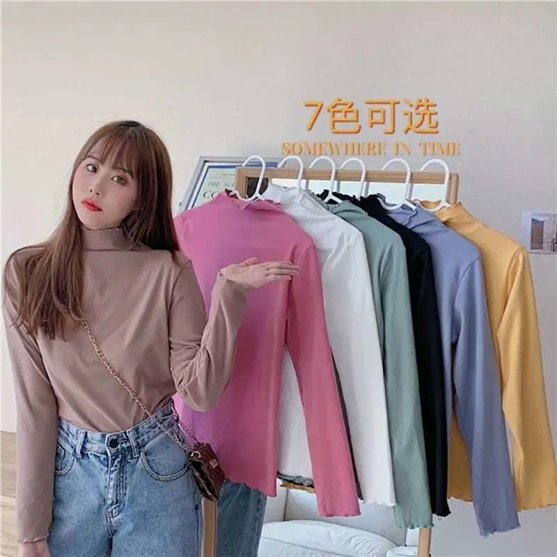 Autumn and winter half turtleneck plus velvet warm bottoming shirt women's German velvet fever solid color inner wear outer wear fungus edge top women