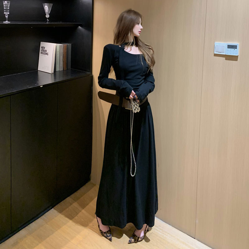 Hepburn-Style High-End Black Long Dress, Cool and Unique, Super Pretty, Off-Shoulder, Asymmetrical Shoulder, Waist-Cinching Dress