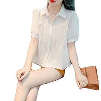 Versatile polo collar short-sleeved chiffon shirt for women summer new loose lazy style French simple shirt trendy top